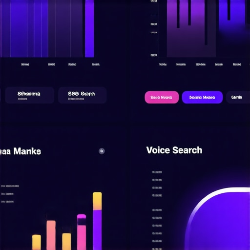 Futuristic dashboard with analytics, schema markup, voice search metrics.