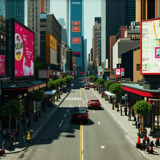 Cityscape with AR overlays of local business advertisements and maps