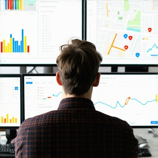 Analyzing Local SEO Data Person reviewing local SEO analytics on multiple computer screens with maps and graphs.
