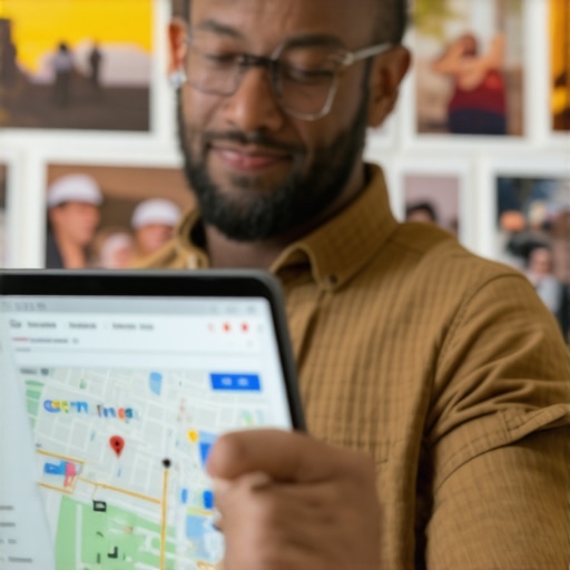 Business owner reviewing analytics and community photos for local SEO