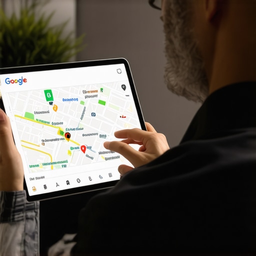 Local Business Owner Analyzing Google Maps Results Business owner reviewing Google Maps rankings on a tablet, illustrating local SEO progress.