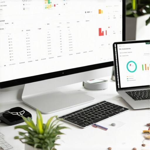 Workspace with SEO analytics software and laptop showing local search data.