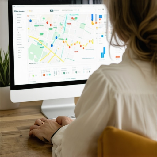 Business owner reviewing local SEO performance on a laptop with maps and analytics.