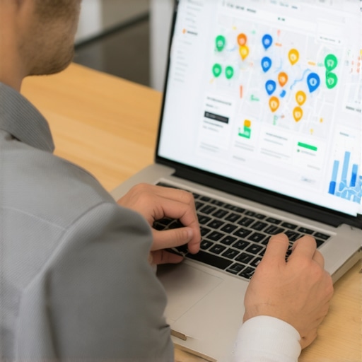 SEO expert analyzing local maps and search data on a laptop