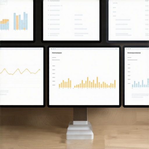 Workspace with multiple screens displaying SEO and review management dashboards