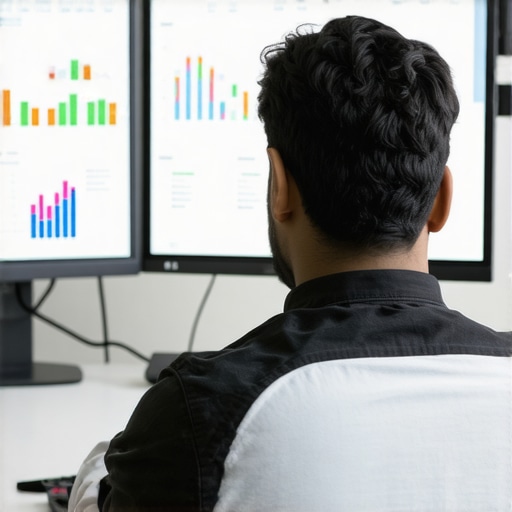 Analyzing Local SEO Data Digital marketer reviewing local SEO analytics on computer screens.