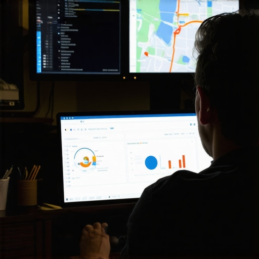 Digital marketer reviewing local SEO analytics on multiple monitors, highlighting maps and ranking charts.