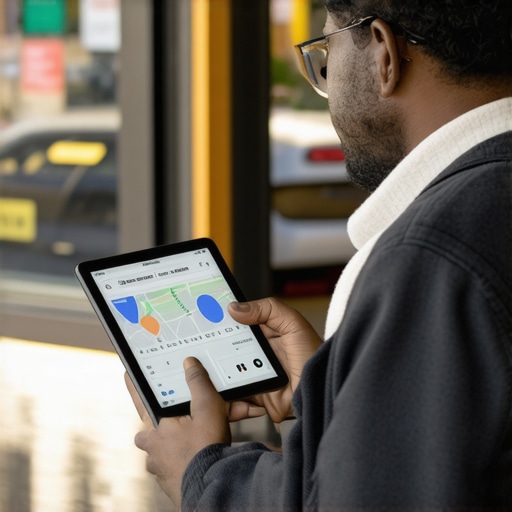 Business owner analyzing local SEO and Google Maps analytics on a tablet.