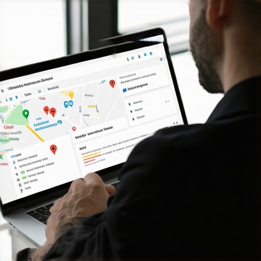 Business owner reviewing local SEO analytics on laptop with maps and charts
