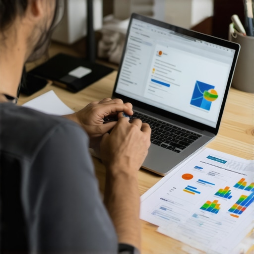Optimizing Local Business Profile Business owner optimizing Google My Business profile on a laptop with local maps and graphs.