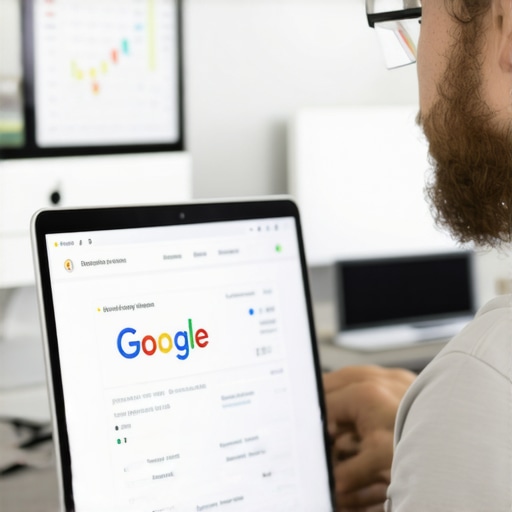 Business owner editing Google My Business profile on a laptop with local SEO charts in background.