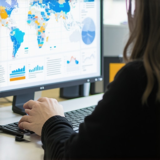 SEO analytics for local business Person reviewing local SEO performance on screen with maps and data charts.
