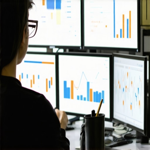 Person working on local SEO strategy with charts and maps on screens.