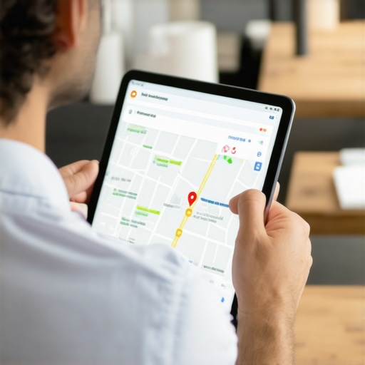 A business owner reviewing local SEO analytics on a tablet with Google Maps interface displayed.