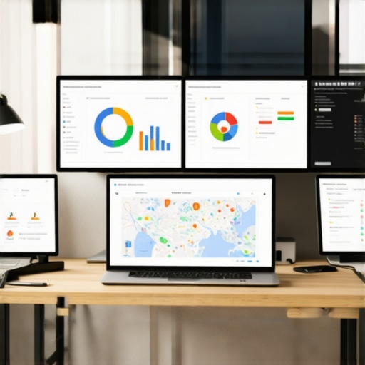 Marketer analyzing local SEO performance on multiple monitors