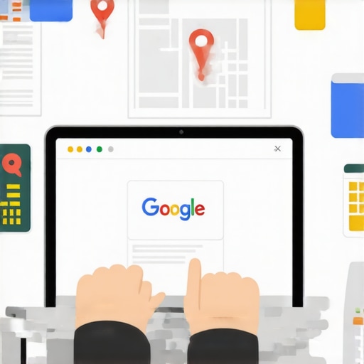 Person updating Google My Business listing on a laptop with maps and SEO tools on the screen.