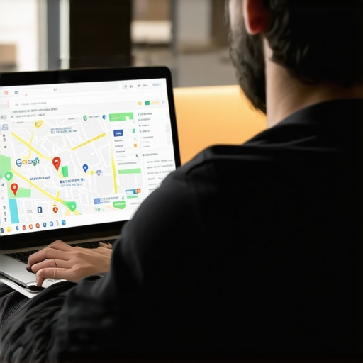 Business owner reviewing local SEO performance using Google Maps and analytics tools