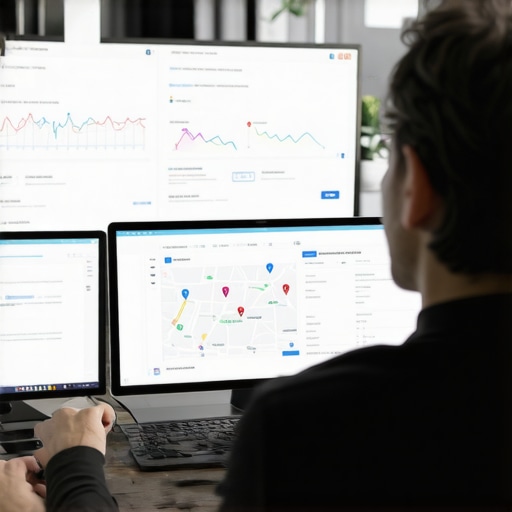 Person examining multiple screens with local search and Google Maps data to improve SEO strategies.