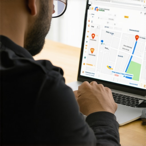 Business owner analyzing SEO metrics and Google Maps rankings on a laptop.