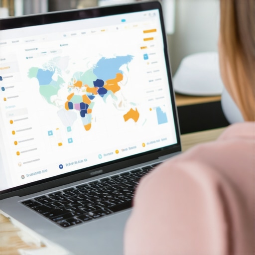 Person analyzing local SEO analytics on a computer screen showing maps and data visualizations