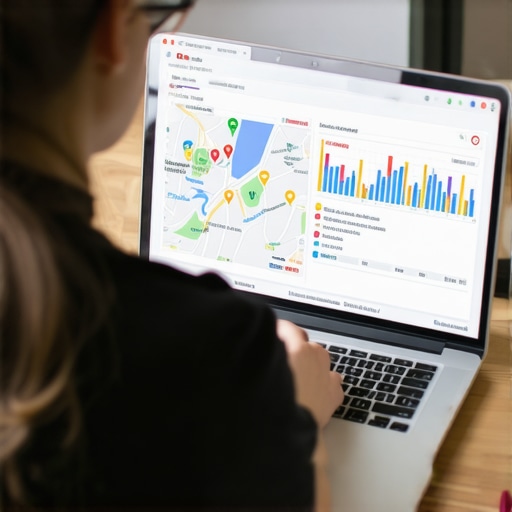 Person reviewing local SEO metrics on laptop with Google Maps and charts