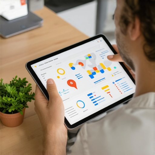 Digital marketer reviewing local SEO performance data on a tablet with maps and charts.