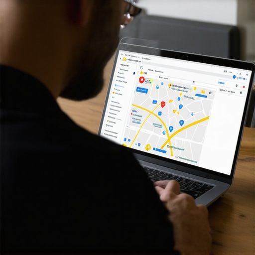Business owner analyzing Google Maps ranking data on laptop.