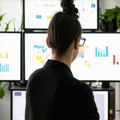 Person reviewing SEO performance metrics on computers with maps and graphs