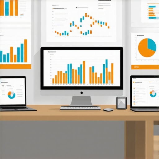 A workspace with SEO analytics dashboards and devices