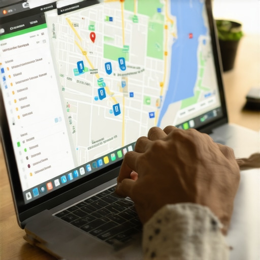 Person analyzing local SEO metrics on a laptop with maps and graphs