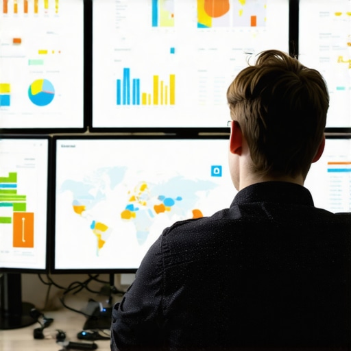 Analyzing Local SEO Data Person reviewing SEO analytics on multiple monitors, focusing on charts and maps for local optimization.
