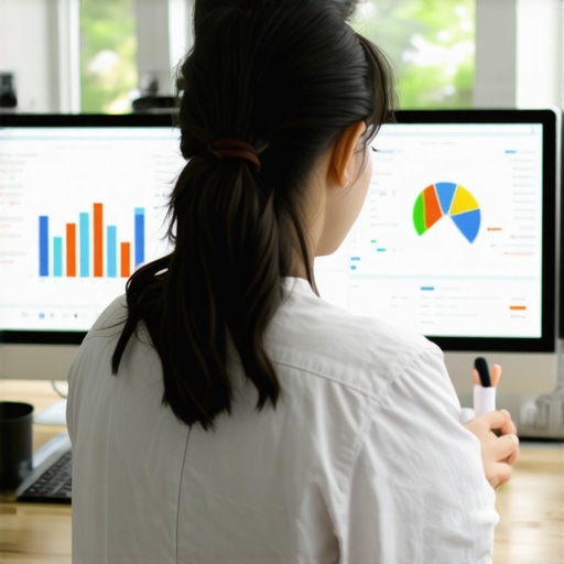 A professional reviewing SEO analytics on a computer screen with graphs and charts.